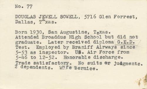 Notecard about Ruby trial juror Douglas Sowell from the DA's Ruby file