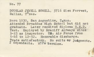 Notecard about Ruby trial juror Douglas Sowell from the DA's Ruby file