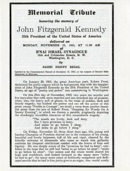 Program from a Memorial Tribute held at B'nai Israel Synagogue in Washington DC