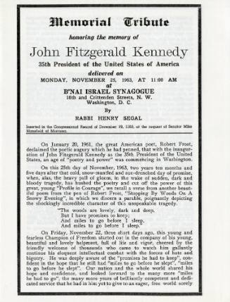 Program from a Memorial Tribute held at B'nai Israel Synagogue in Washington DC