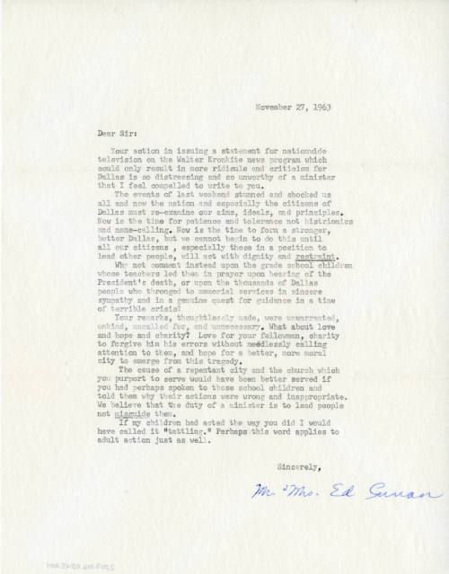 Letter to Reverend William A. Holmes from Mr. & Mrs. Ed Curran