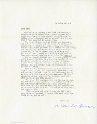 Letter to Reverend William A. Holmes from Mr. & Mrs. Ed Curran