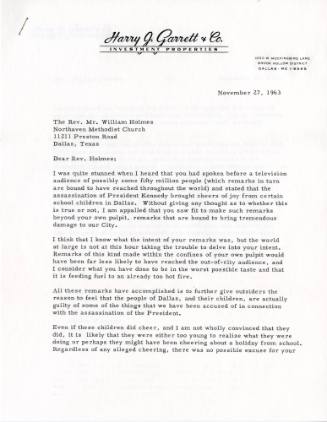 Letter to Reverend William A. Holmes from Harry J. Garrett, Jr.