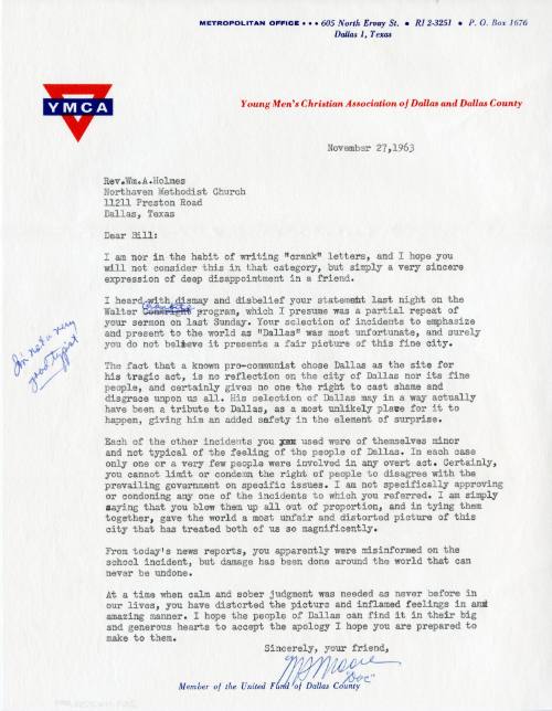 Letter to Reverend William A. Holmes from M. A. Moore