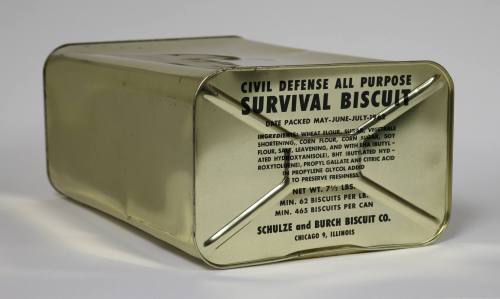 Civil Defense All Purpose Survival Biscuits in a metal container