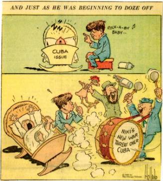 Political cartoon featuring Kennedy, Khrushchev and Castro