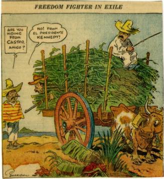 Political cartoon featuring Cuban citizens and a freedom fighter