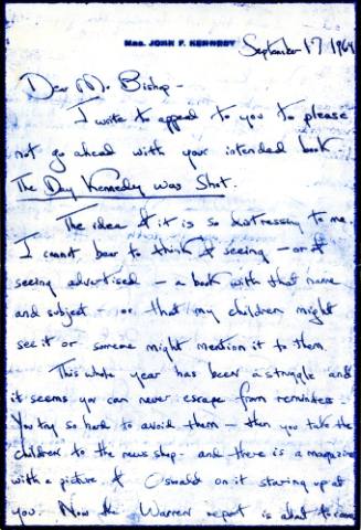 Handwritten letter from Jacqueline Kennedy to Jim Bishop