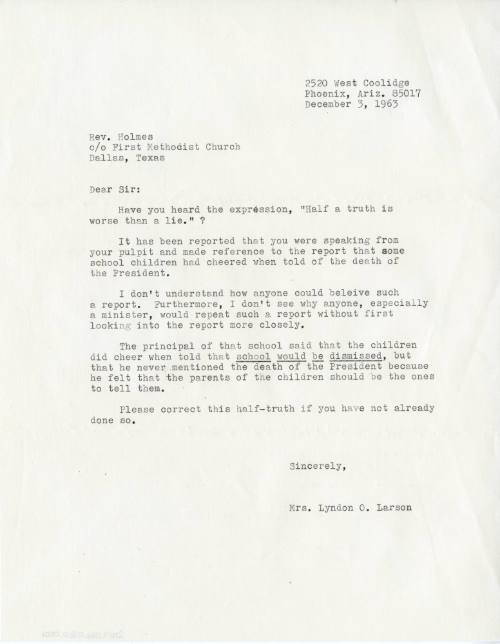 Letter to Reverend William A. Holmes from Mrs. Lyndon O. Larson