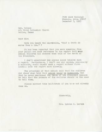 Letter to Reverend William A. Holmes from Mrs. Lyndon O. Larson