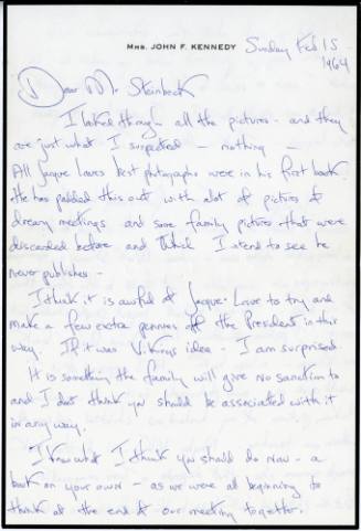 Handwritten letter from Jacqueline Kennedy to John Steinbeck, 02/15/1964