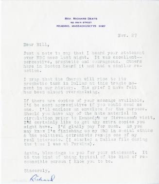 Letter to Reverend William A. Holmes from Reverend Richard Deats
