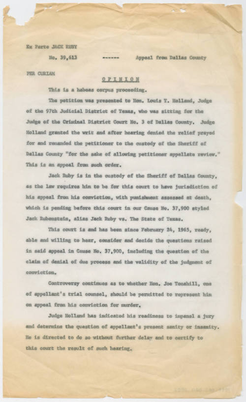 T36 Per curiam opinion from the Texas Court of Criminal Appeals about Jack Ruby