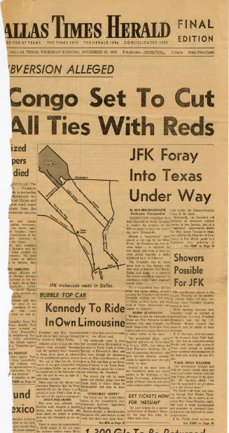 Dallas Times Herald newspaper clipping with map of motorcade route