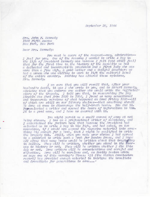 Photocopy of typed response letter from Jim Bishop to Jacqueline Kennedy
