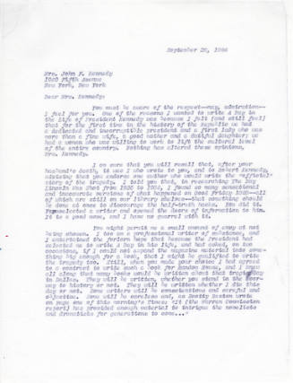 Photocopy of typed response letter from Jim Bishop to Jacqueline Kennedy