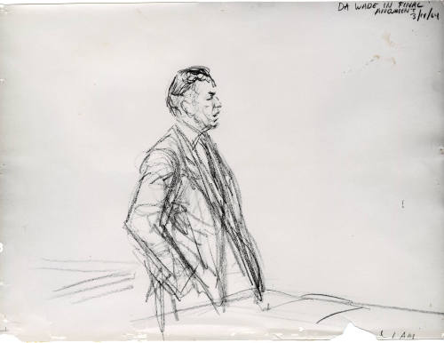 Photograph of courtroom sketch of Henry Wade in final argument of Ruby trial