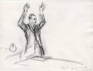 Photograph of courtroom sketch of Jim Bowie in final argument of Ruby trial