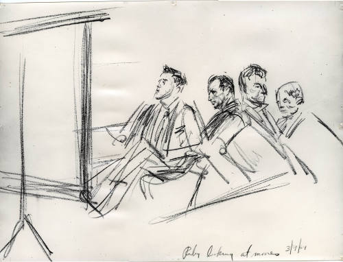 Photograph of courtroom sketch of Jack Ruby watching video during trial