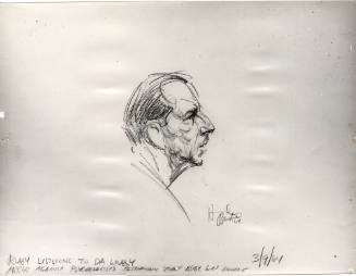 Photograph of courtroom sketch of Jack Ruby listening to arguments during trial