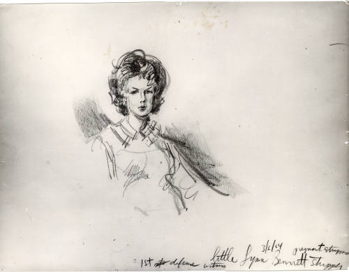 Photograph of courtroom sketch of Little Lynn Bennet testifying at Ruby trial