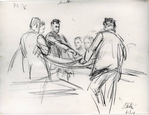 Photograph of courtroom sketch of Wade, Leavelle, and Belli at Ruby trial