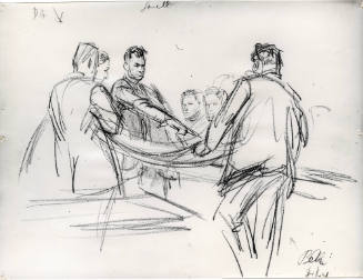 Photograph of courtroom sketch of Wade, Leavelle, and Belli at Ruby trial