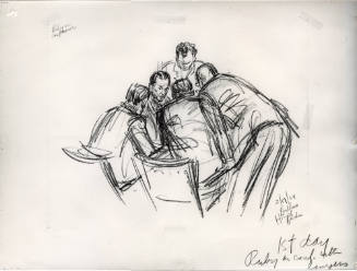 Photograph of courtroom sketch of Ruby in conference with attorneys at trial