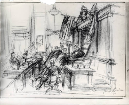 Photograph of courtroom sketch of attorneys and Judge Joe B. Brown at Ruby trial