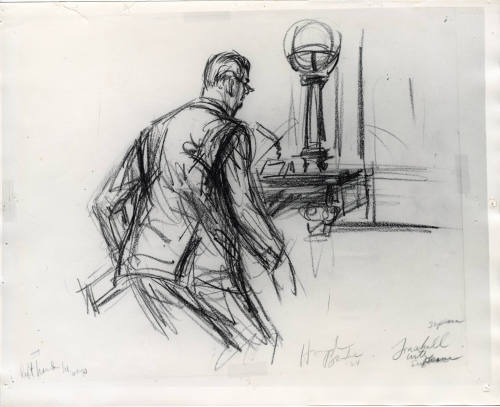 Photograph of courtroom sketch of Joe Tonahill with subpoena at Ruby trial