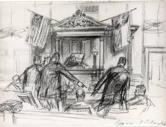 Photograph of courtroom sketch of attorneys and Judge Brown at Ruby trial