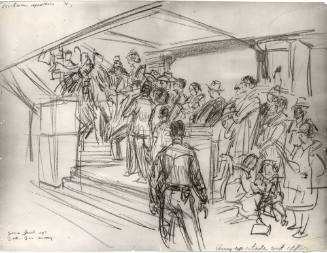 Photograph of courtroom sketch of crowd outside courtroom at Ruby trial