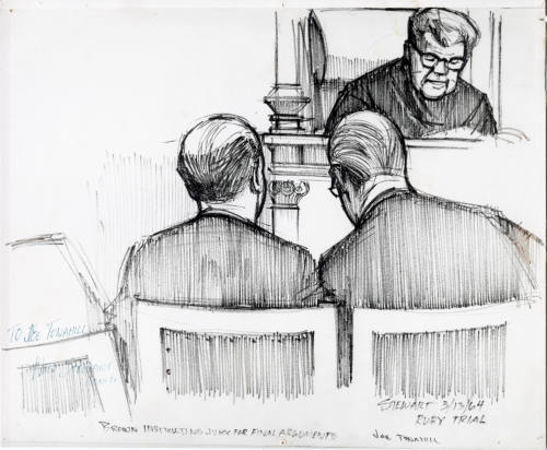 Photograph of courtroom sketch of Judge Brown instructing jury at Ruby trial