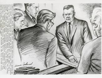 Photograph of courtroom sketch of Jim Leavelle during Jack Ruby trial