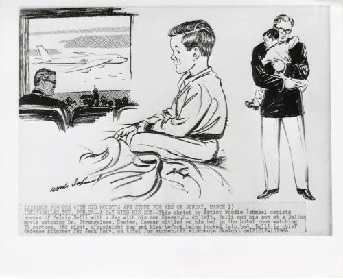 Photograph of courtroom sketch of Melvin Belli and his son during Ruby trial