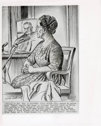 Photograph of courtroom sketch of juror Mrs. Aileen B. Shields during Ruby trial