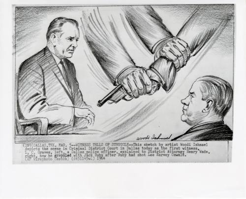 Photograph of courtroom sketch of L.C. Graves testifying during the Ruby trial