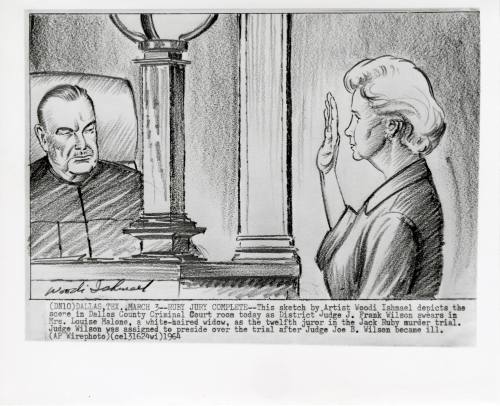 Photograph of courtroom sketch of juror Mrs. Louise Malone during Ruby trial