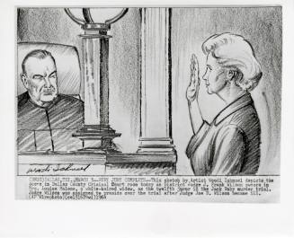 Photograph of courtroom sketch of juror Mrs. Louise Malone during Ruby trial