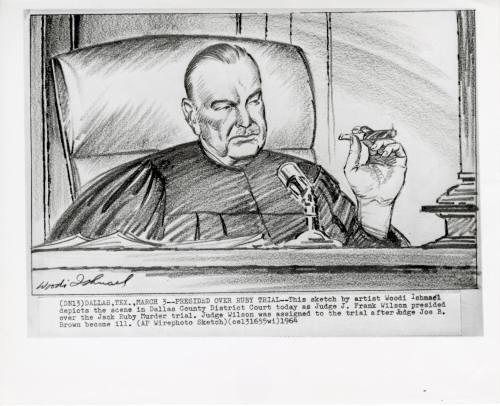 Photograph of courtroom sketch of Judge J. Frank Wilson during Jack Ruby trial