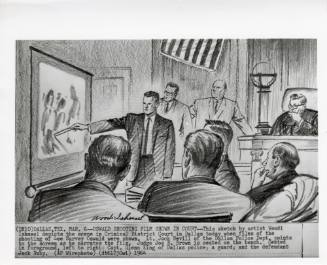 Photograph of courtroom sketch of viewing video evidence during Jack Ruby trial