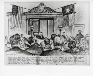 Photograph of courtroom sketch of Dr. Roy Shafer testifying during Ruby trial
