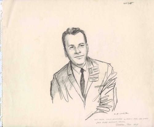Courtroom sketch of KRLD newsman and witness Wes Wise at Jack Ruby trial