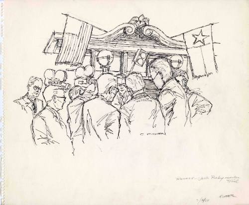 Courtroom sketch of press interview at Jack Ruby trial dated March 6, 1964