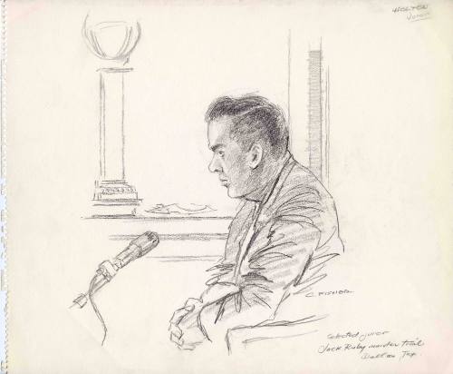 Courtroom sketch of juror Glen Holton being questioned at Jack Ruby trial