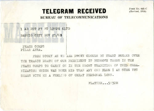Telegram received by Peace Corps volunteer Halsey Beemer on Nov. 25, 1963