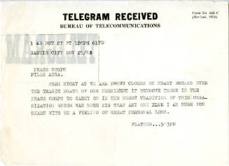 Telegram received by Peace Corps volunteer Halsey Beemer on Nov. 25, 1963