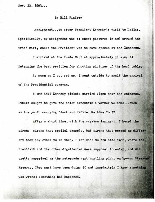 Photocopy of typed account of Bill Winfrey's experiences 11/22-24/1963