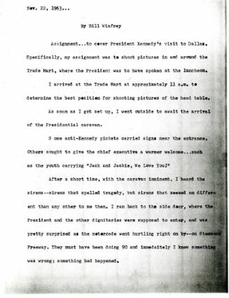 Photocopy of typed account of Bill Winfrey's experiences 11/22-24/1963