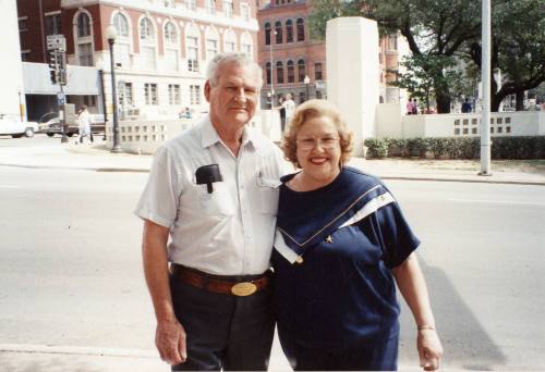 Photograph of Jim Leavelle and Jean Hill on the set of the movie "JFK"